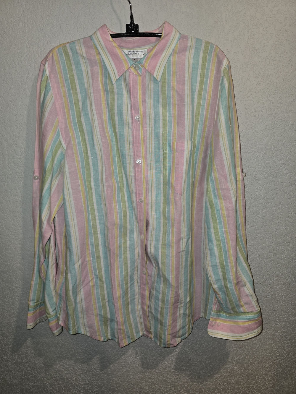 Jones New York Country Women's Large 100% Linen Pastel Striped Roll-Tab Sleeve S